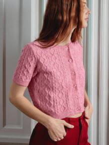 lacRébo 可爱柔软触感粉色麻花针织修身短款上衣，配粉色纽扣，可爱秋季上衣，女士办公室装，时尚装扮，秋冬上衣 - 粉色 - 查看 8