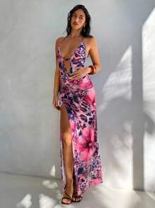 Aloruh Women's Tie-Dye Print V-Neck Dress, Sexy Mesh, Holiday/Resort Wear, Spring/Summer - Multicolor - View 6