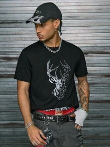AXEPEAK Men Geo & Deer Graphic Print Short Sleeve Tee, For Going Out, Summer - Black - View 4