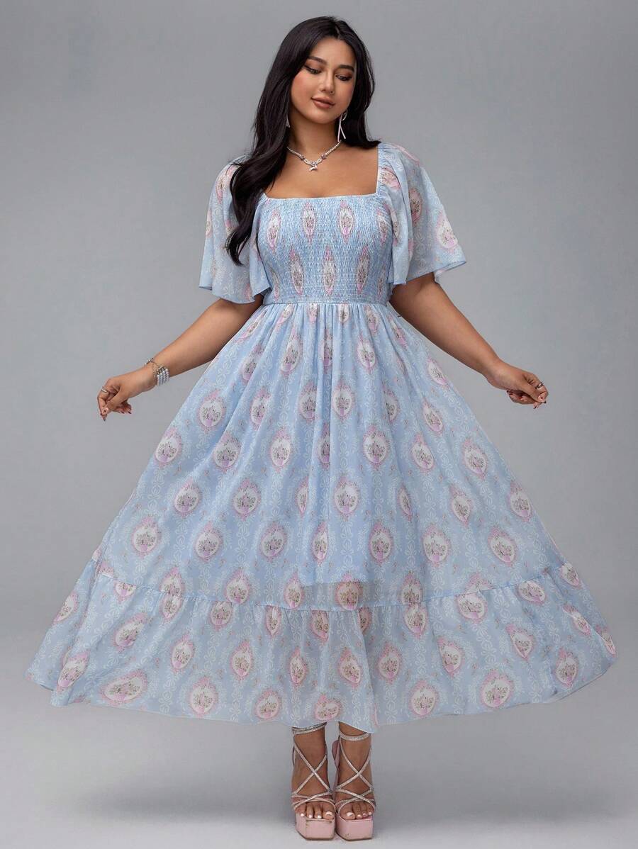 Flirla Plus Size Women's Romantic Palace Printed Gathered Waist Puff Sleeve Short Sleeve Dress - Blue - View 1