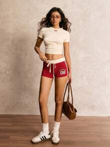 Easelle 字母印花运动休闲户外夏季抽绳女式短裤 - 紅色 - 查看 10