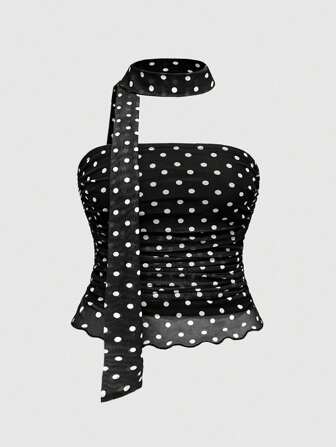 J-Fashion Top à volants avec nœud à l'avant et imprimé à pois, tailles grandes pour femmes