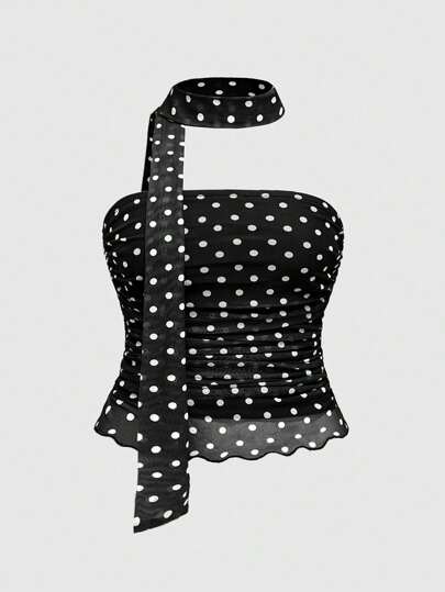 J-Fashion Blusa de talla grande para mujer con estampado de lunares, con volantes y cierre delantero con lazo