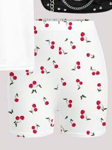 Ensemble décontracté vintage de 2 pièces (T-shirt court manches courtes et short) avec imprimé mignon de cerises, convenant aux ados filles. Style simple et ample, idéal pour l'été, les vacances et un confort facile. - Multicolore - Voir 5