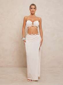 Lumalex Conjunto de 2 piezas de top tubo y falda plisada con decoración de perlas falsas para mujer, atuendo para fiesta todo blanco, modesto, elegante, bohemio, para playa, mar, vacaciones, verano, boda, ceremonia, banquete - Albaricoque - Ver 3