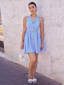 Andrea Bello Women's Convertible Collar Single-Breasted Casual Striped Mini Dress - Blue and White - View 3