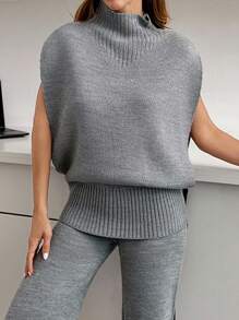 EURMUSE Casual Mock Turtle Neck Rib Knit Sleeveless Oversize Solid Color Sweater,Jumper,Cream Jumper,Jumpers For Women,Jumpers,Black Jumper,Womens Jumper,White Jumper,Women's Jumper,Women's Jumpers,Winter Clothes - Grey - View 6