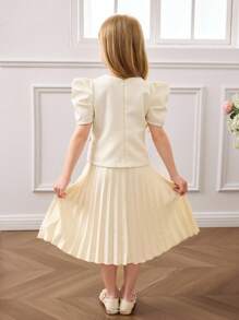 Young Girl Elegant Urban Pleated Short Sleeve Dress, Apricot Color - Apricot - View 2
