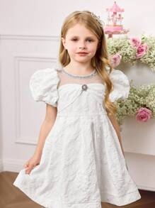Kleine Mädchen Prinzessin Kleid, weißes strukturiertes Blumenmuster Puffärmel Tunika Kleid - Weiss - Übersicht 3