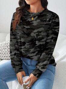 SHEIN LUNE Plus Size Women's Casual Camouflage Print Crew Neck Long Sleeve T-Shirt, Spring Autumn
