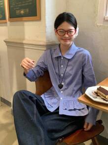 DAZY 女式彼得潘领格子休闲蓝色长袖韩版纽扣衬衫，秋季 - 藍色 - 查看 3