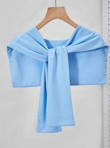 SHEIN 3 件套青少年女孩格子短袖衬衫、配套披肩和休闲裤套装，适合通勤和休闲穿着 - 藍色 - 查看 7