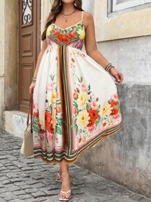 SHEIN Clasi 大码女式夏季假日海滩波西米亚风格性感休闲彩色印花 V 领吊带 A 字中长连衣裙，可搭配开衫 - 彩色 - 查看 6