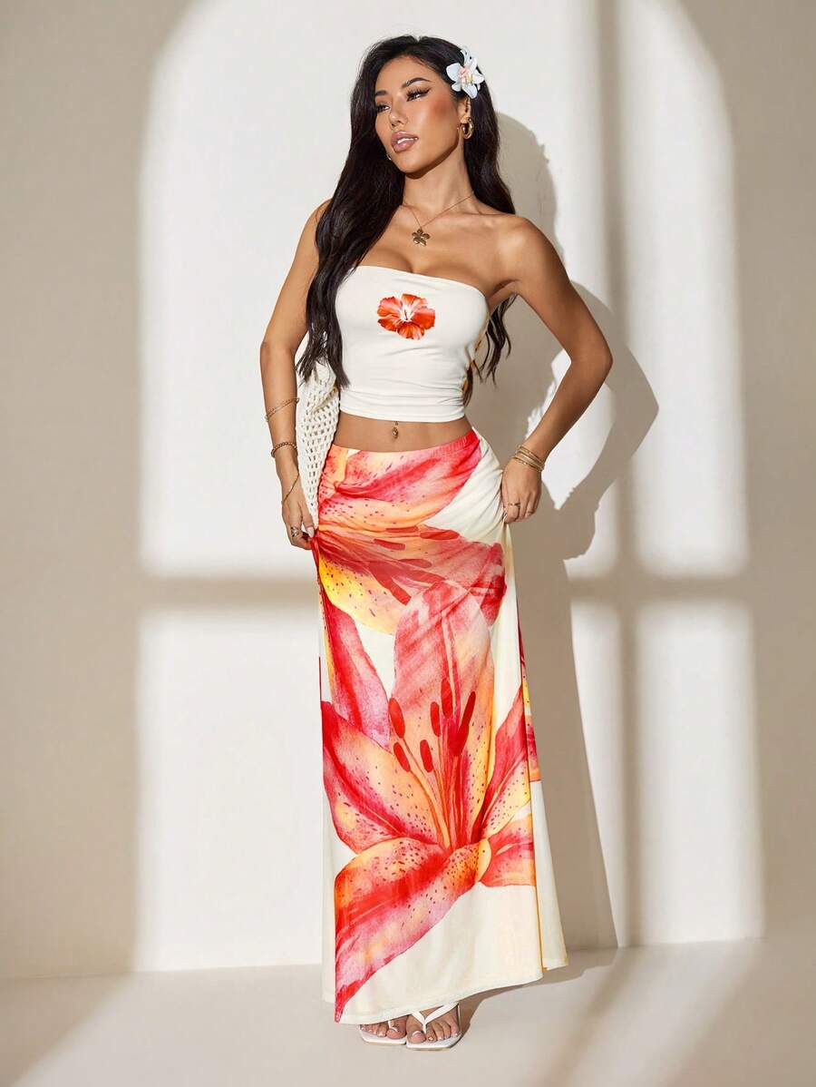 SHEIN PETITE Knitted Mesh Printed Low-Rise Fitted Fishtail Skirt For Women - Multicolor - View 1