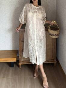 DAZY 波西米亚风格刺绣灯笼袖女式休闲连衣裙、Moo Moo 休闲连衣裙、秋季睡衣 - 米色 - 查看 8