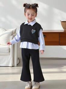 Elladie kids 3件套女童休闲条纹衬衫+爱心印花背心+裤子套装，秋冬季女童服装，女童两件套黑色背心套装，女童秋季服装 - 黑色 - 查看 3