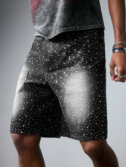Grunge Punk Pantalones cortos vaqueros de moda casual para hombre con botones de rhinestone