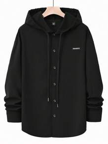 Manfinity Homme Men's Letter Patched Long Sleeve Single-Breasted Drawstring Hooded Shacket, Fall - Black - View 3