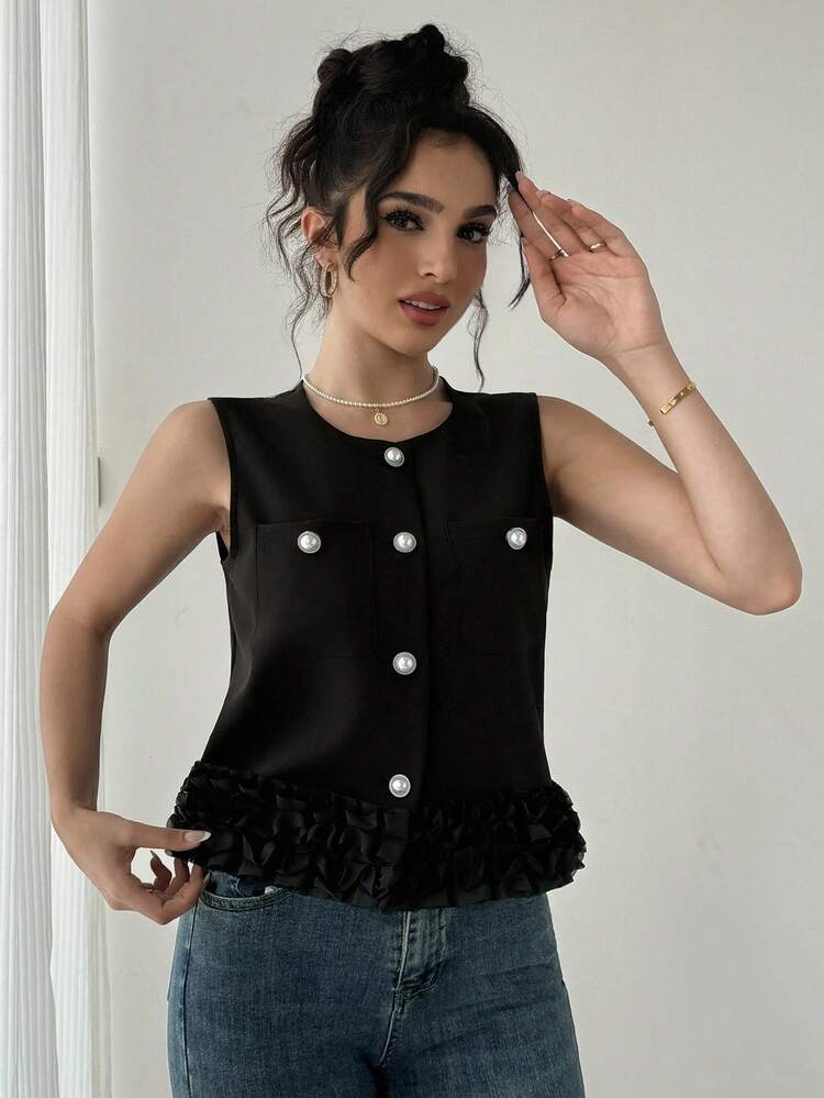 Women's Sleeveless Round Neck Frill Hem Regular Vest,Fall Clothes Women Jacket Women Coats