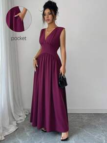 Selianne Women's Elegant Deep Purple Shirred Sleeveless Long Dress,Autumn Dinner Date French Sicilian Style Gathers,Solid Color Casual Commute Party - Maroon - View 3