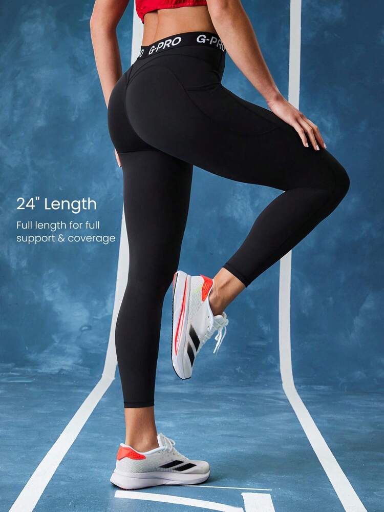 24" Powersculpt™ Cool Compression V-Line Hip Butt-Lifting Elastic Waist Active Leggings With Side Pockets High Impact Running Jogging Training Gym Workout