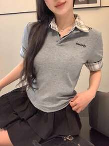 DAZY Women Summer Striped Webbing Contrast Patchwork Embroidered Letter Polo Shirt Short Sleeve T-Shirt Preppy Tops - Grey - View 4