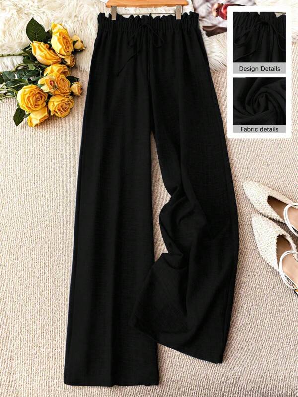 DreamSkyne Plus Size Women's Casual Solid Color Paper Bag Waist Wide Leg Pants