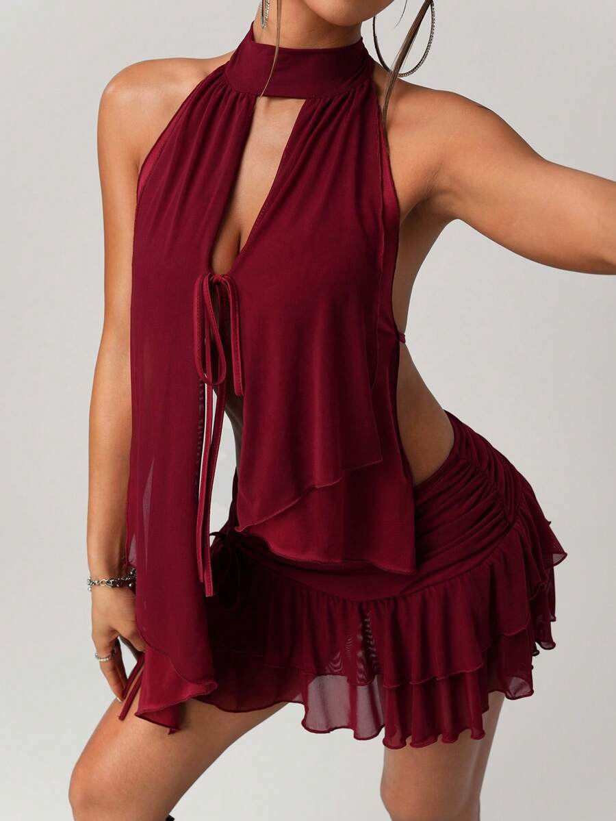 SHEIN ICON 2pcs/Set Women Halter Backless Crop Top And Low Waist Mini Skirt - Red - View 1