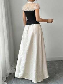 Elenzga Women's Elegant Contrast Lace Round Neck Long Dress, Summer - Multicolor - View 2