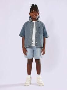 SUMWON Veste en jean style de rue d'été, coupe oversize pour jeunes, chemise boutonnée à manches courtes, logo patineur, tenue de travail pour mode décontractée quotidienne