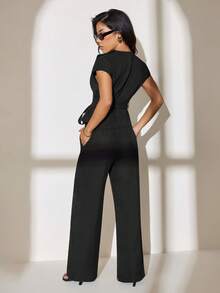 SHEIN PETITE 2pcs Women Elegant Solid Color Twist Front Short Sleeve Blazer And Pants Suit Set Black 2 Pieces Set In Fall/Winter - Black - View 2