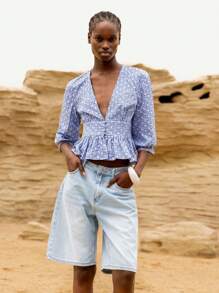 Lumivelle Women's Plaid V-Neck Shirt With Floral Embroidery & Ruffle Hem - Blue - View 4