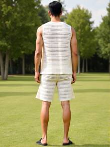 Manfinity Homme Men's Solid Color V-Neck Knitted Sleeveless Casual Hollow-Out Pullover, Summer Sweater Rave Outfits - Apricot - View 2