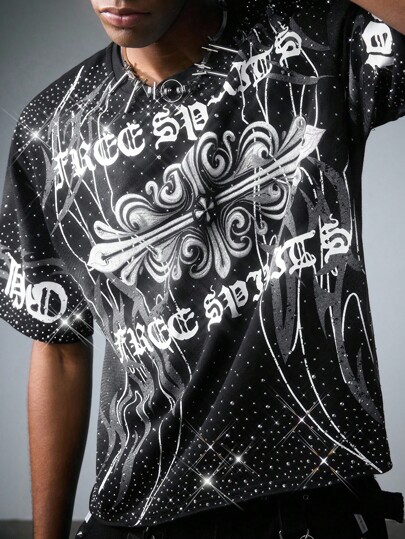 Goth Men's Street Style Short Sleeve T-Shirt With Rhinestone Design, Cross And English Text Print