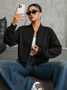 SHEIN EZwear 休闲黑色拉链短款大码飞行员夹克 - 黑色 - 查看 1