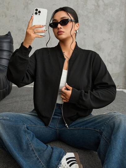 SHEIN EZwear Casual Black Zipper Cropped Plus Size Bomber Jacket Zip Up Bomber Jacket Black Jacket Women Bomber Jacket Women Crop Jacket Zip Up Jacket Winter Fall Autumn