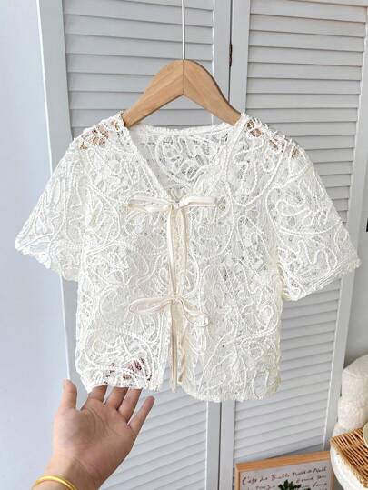Tween Girl Casual Minimalist Mesh Textured Pattern Top For Everyday Wear Summer For Summer Top French Short Sleeve Cover Up