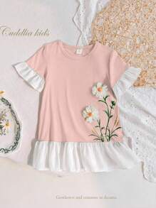 Baby Mädchen grünes minimalistisches Blumen Ärmel und Rock Patchwork Chiffon Design Lässig Nachthemd Nachtwäsche - Pink - Übersicht 3