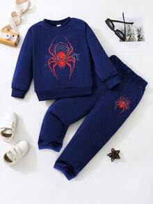 SHEIN Playful Pals 年轻男孩蜘蛛印花圆领运动衫和运动裤套装 - 黑色 - 查看 7
