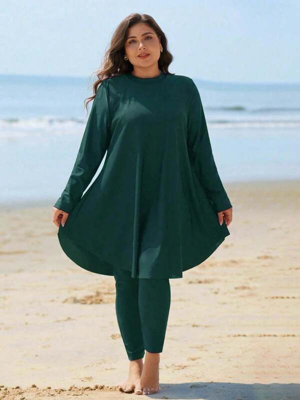 Swim Mulvari Plus Size Women Summer Beach Pull-On Solid Color Tank Top And Pants Casual Burkini 2Pcs Swimsuit Set