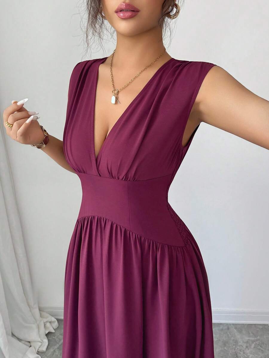 Selianne Women's Elegant Deep Purple Shirred Sleeveless Long Dress,Autumn Dinner Date French Sicilian Style Gathers,Solid Color Casual Commute Party - Maroon - View 1
