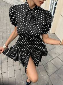 Siren Gaze Retro Polka Dot Business Casual Woman Wedding Guest Dress Women Polka Dot Dress Polka Dot Dress Black Polka Dot Pleated Navy Collar Bow Casual High Street Commuting Holiday Short Dress Women's Polka Dot Puff Sleeve Ruffle Hem A-Line Mini Dress Elegant Summer Evening Dress Black - Black - View 1
