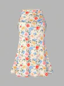 SHEIN MOD 大码夏季浪漫花卉褶饰腰带美人鱼裙