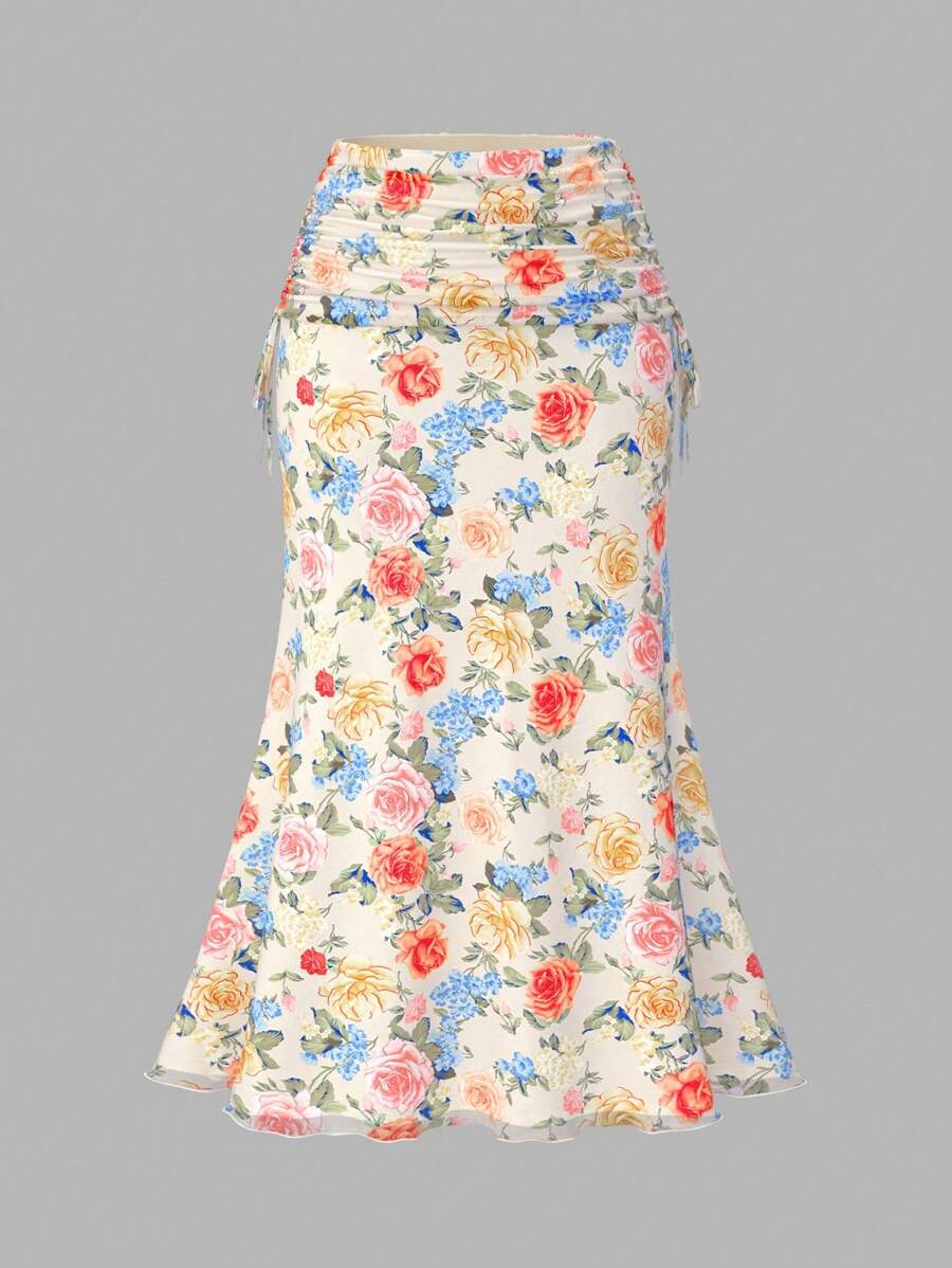 SHEIN MOD 大码夏季浪漫花卉褶饰腰带美人鱼裙