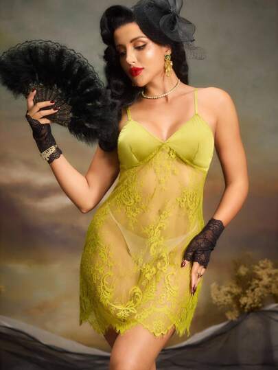 PinupGlam Różana koronkowa koszula nocna z ramiączkami spaghetti, dopasowana do ciała, dla kobiet