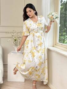 SHEIN Clasi Plus Size Women's Yellow Floral Print Chiffon Maxi Dress, Elegant, Lightweight, Short Sleeve, Flowing Summer Dress With 3D Floral Decor Summer Outfits - Yellow - View 1