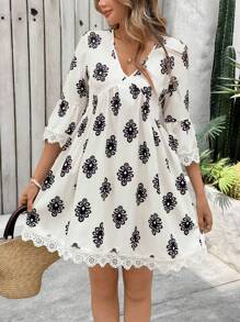 Breezaya V领常规肩部七分袖蕾丝休闲夏季连衣裙 - 彩色 - 查看 5