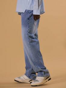 Musero Men Washed Denim Baggy Jeans Button Fastening Belt Loop Detailing Spring Summer Vacation - Light Grey - View 3