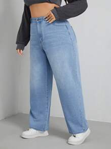 SHEIN CURVE+ 大码休闲日常水洗斜口袋直筒牛仔裤 - 藍色 - 查看 5