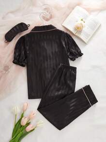 Tween Girls Striped Black Woven Fabric Crepe Soft Casual Pleated Flounce Bow Front Decor Short Sleeve Top And Pants 2 Pieces Elegant Fashionable Loungewear Set - Black - View 2